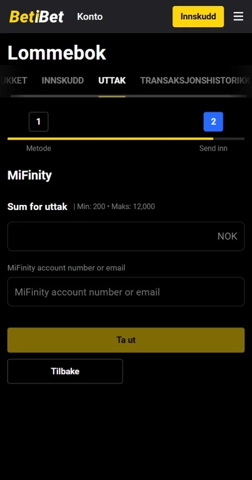 Skriv inn beløpet du ønsker å ta ut Visa casino