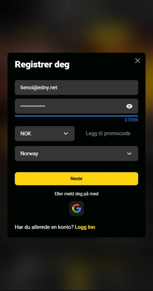 E-postadressen et passord for å logge inn på Visa Casino