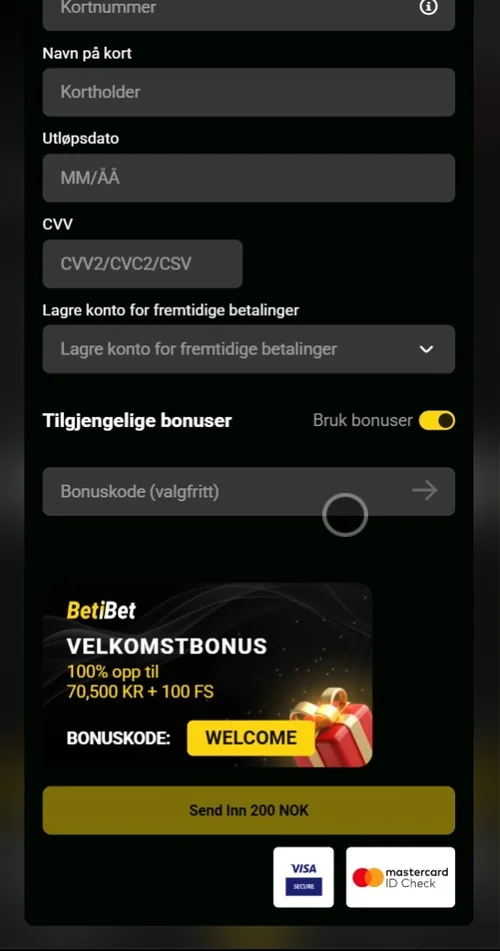 Kortdetaljer og bekreftelse betalingsbekreftelse på Visa Casino