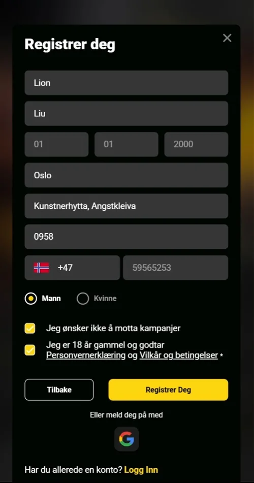 Personlig informasjon for å logge inn på Visa Casino