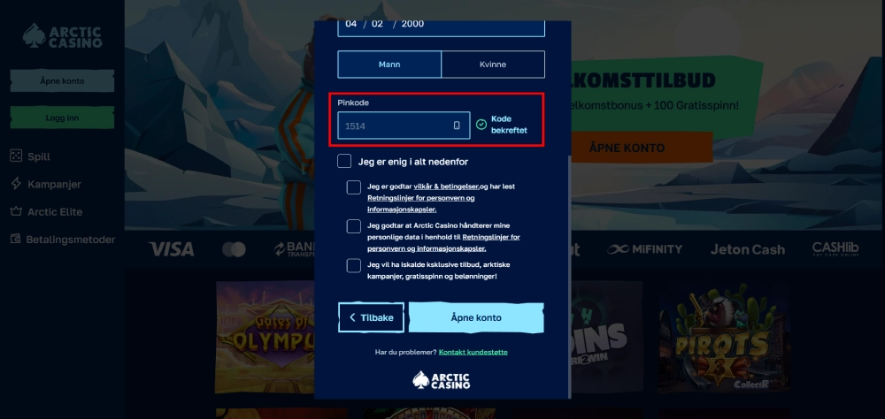 Skriv inn registreringskoden du mottok på sms